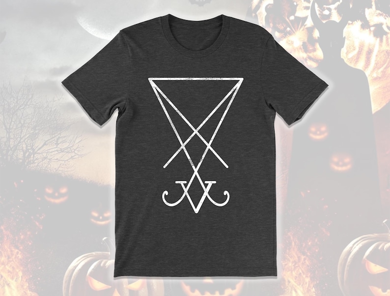 Camiseta Sigil of Lucifer, camiseta ocultista satánica, camisetas de brujería demoníaca, camiseta de Lucifer, camiseta de death metal, camisetas con calavera de cabra, ropa ocultista