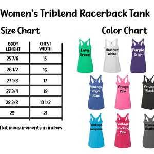 May include: Size chart for a racerback tank top with measurements in inches. Color chart shows 10 different colors: Envy Green, Heather White, Purple Rush, Vintage Red, Vintage Royal Blue, Vintage Pink, Vintage Black, Vintage Turquoise, Vintage Shocking Pink, Premium Heather.