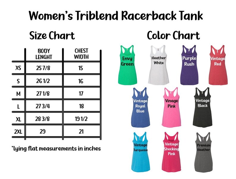 May include: Size chart for a racerback tank top with measurements in inches. Color chart shows 10 different colors: Envy Green, Heather White, Purple Rush, Vintage Red, Vintage Royal Blue, Vintage Pink, Vintage Black, Vintage Turquoise, Vintage Shocking Pink, Premium Heather.