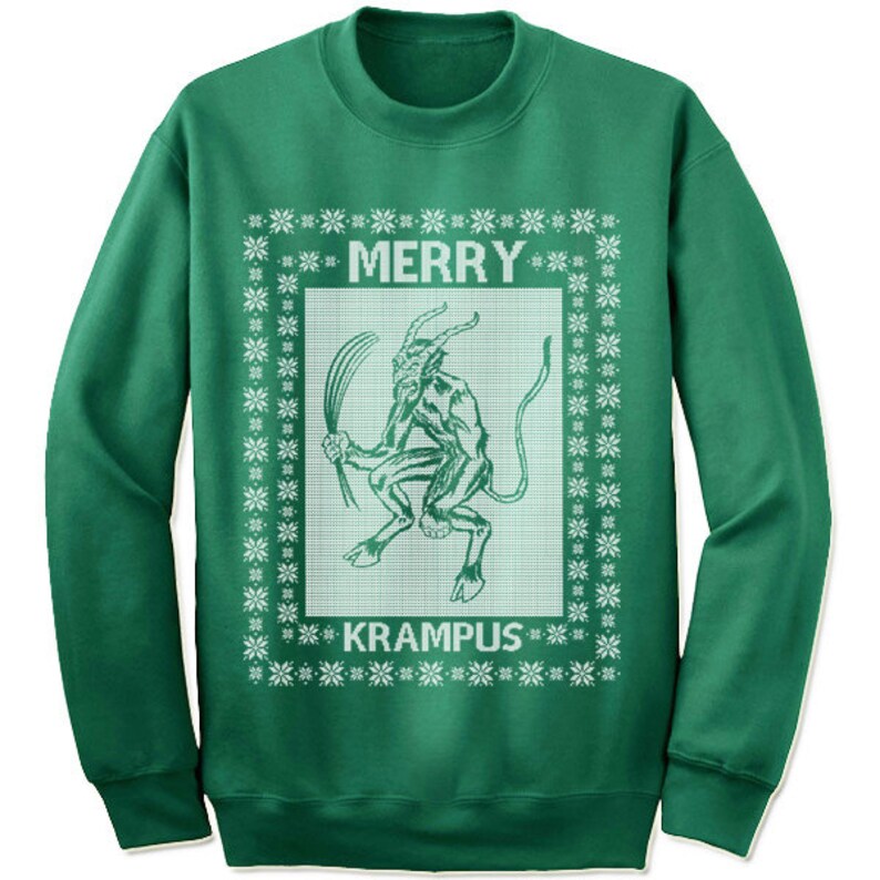 May include: Green Christmas sweater with a white design of a Krampus figure with the text "Merry Krampus" in a white banner.
