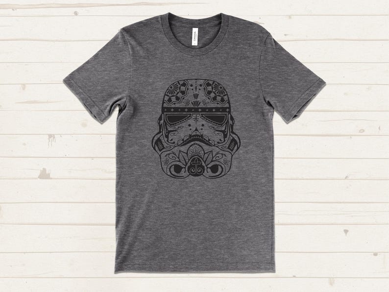 Gray t-shirt featuring a black sugar skull-style Stormtrooper helmet design