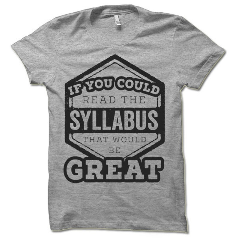 May include: Gray V-neck t-shirt with a distressed black graphic that reads "If you could read the syllabus that would be great".
