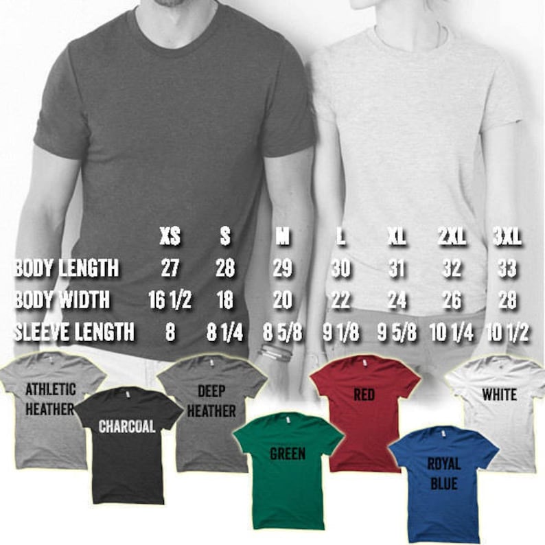 May include: Size chart for t-shirts with measurements in inches. The chart shows sizes XS to 3XL. The t-shirts are available in colors: Athletic Heather Charcoal, Deep Heather, Green, Red, Royal Blue, and White.