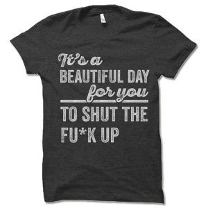 May include: Dark gray t-shirt with white text that reads "It's a BEAUTIFUL DAY for you TO SHUT THE FU*K UP". The shirt has a crew neck and short sleeves.