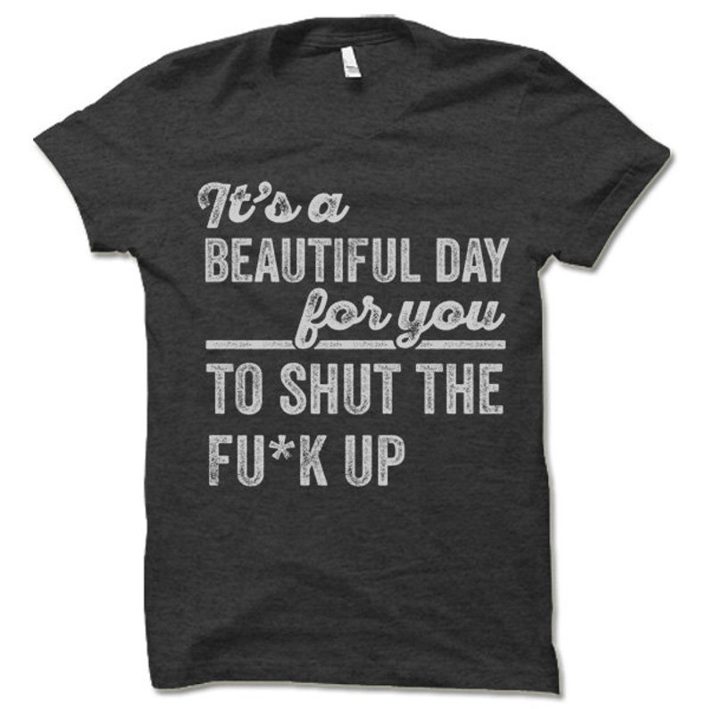 May include: Dark gray t-shirt with white text that reads "It's a BEAUTIFUL DAY for you TO SHUT THE FU*K UP". The shirt has a crew neck and short sleeves.