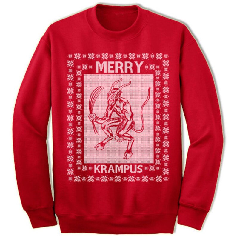 May include: Red Christmas sweater with a white snowflake pattern and a white illustration of Krampus, a mythical creature, with the text "Merry Krampus".