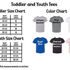May include: Size chart for toddler and youth t-shirts. The chart shows body length and chest width measurements in inches for sizes 2T, 3T, 4T, 5T, S, M, L, and XL. The color chart shows six different colors: Athletic Heather, Deep Heather, White, Royal Blue, Charcoal (Dark Grey Heather), and Pink.