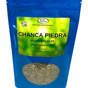 May include: A blue pouch of Chanca Piedra herbal infusion tea. The label features the text "CHANCA PIEDRA STONE BREAKER (Phyllanthus niruri)" and "World-Class Natural Products." The net weight is 3.17oz (90g). A clear window displays the tea leaves.