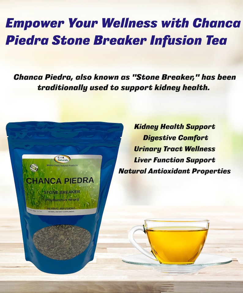 May include: A blue pouch of Chanca Piedra Stone Breaker herbal infusion tea, with a clear window showing the dried herbs. A cup of brewed tea sits beside it. Text on the pouch reads "Chanca Piedra" and "Stone Breaker."