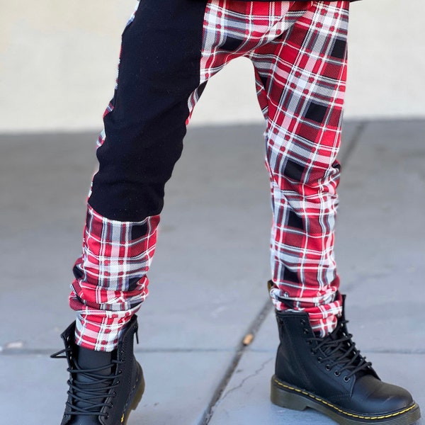 Red plaid joggers / kids pants / street style / unisex kids / winter clothes /