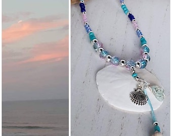 Pink, Blue Bead & Seafoam Sea Glass Bohemian Choker, Ocean Escapes Choker Necklace, Jacksonville Florida Inspired