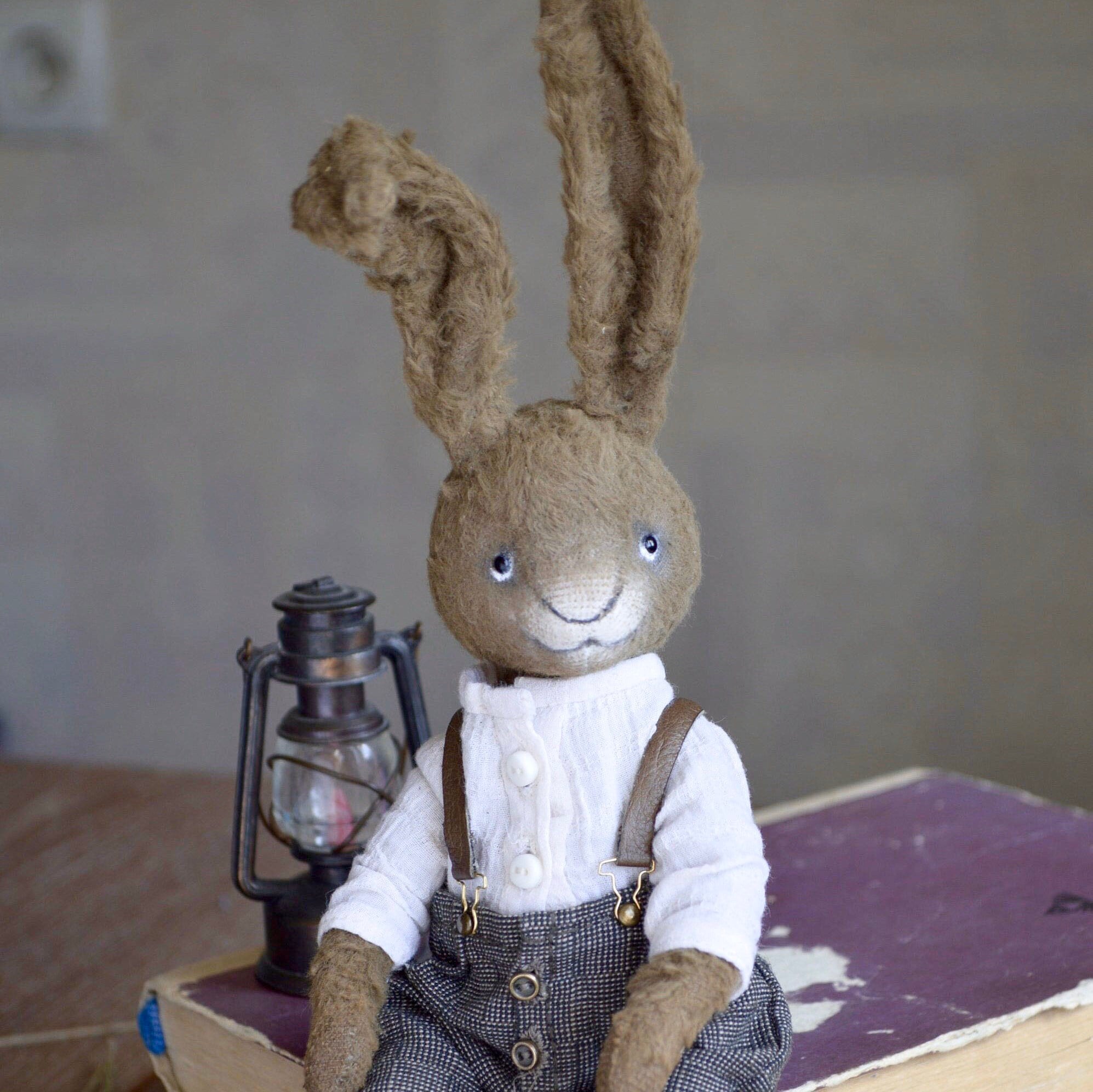 Handmade Brown Bunny Teddy – 9.8 Inches | Vintage Style Rabbit Plush | Artist Teddy Bear with Clothes | Collectible Stuffed Bunny Toy