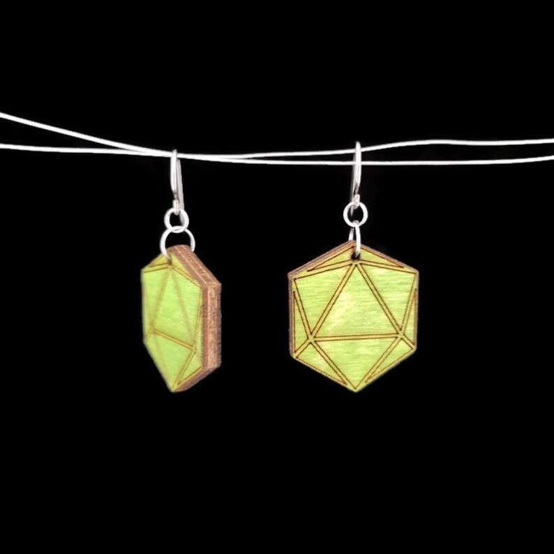 Birthday Gift Gamer Gift for girlfriend Niobium Dice Earrings Geometric Laser Cut Icosahedron Jewelry D20 Green Wood Earrings
