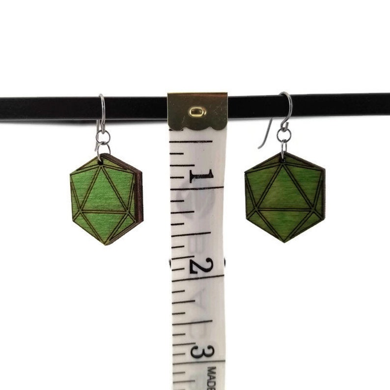 Birthday Gift Gamer Gift for girlfriend Niobium Dice Earrings Geometric Laser Cut Icosahedron Jewelry D20 Green Wood Earrings