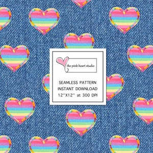 May include: Seamless pattern digital download featuring rainbow striped hearts on a blue denim background. The text "the pink heart studio" and "SEAMLESS PATTERN INSTANT DOWNLOAD 12"X12" at 300 DPI" is included in the image.