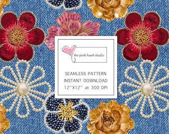 Denim Fabric Texture Digital Seamless Pattern Blue Jeans Background Denim wallpaper repeating flowers seamless Small Commercial Use