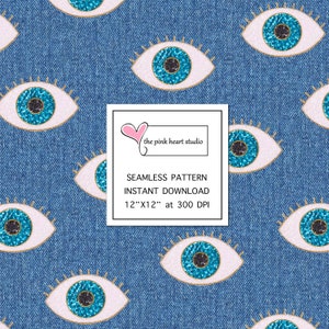 May include: Seamless pattern digital paper featuring a repeating design of blue and white evil eyes on a denim background. The text "the pink heart studio", "SEAMLESS PATTERN", "INSTANT DOWNLOAD", and "12"X12" at 300 DPI" is included in the image.