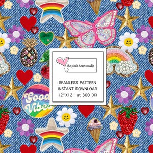 May include: A seamless pattern featuring a variety of colorful patches on a blue denim background. The patches include stars, hearts, rainbows, butterflies, pineapples, ice cream cones, and a patch with the text "Good Vibes".