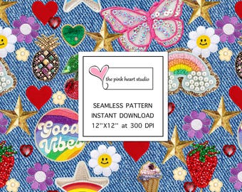 Denim Patch Seamless Pattern, Blue Jeans Digital Paper with Colorful Patches for Fabric & Scrapbook