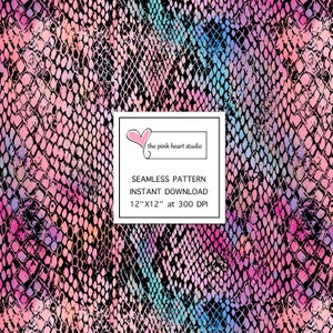 May include: A seamless pattern featuring a pink, blue and purple snakeskin design. The pattern is 12 inches by 12 inches and 300 DPI. The text "the pink heart studio" is in the centre of the image.