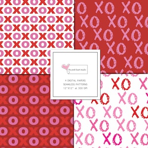 XOXO Digital Papers, XO Seamless Patterns, stampa digitale Love Valentine Digital Papers, carta digitale Valentine rossa e rosa