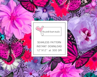 Floral digital print - Butterflies pattern INSTANT DOWNLOAD  12x12" jpeg seamless pattern Digital Scrapbook Paper Pack