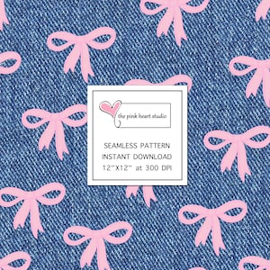 May include: Seamless pattern featuring pink bows on a denim blue background. The design includes the text "the pink heart studio", "SEAMLESS PATTERN", "INSTANT DOWNLOAD", and "12"X12" at 300 DPI".