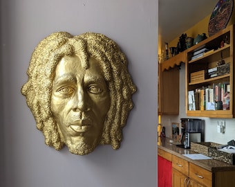Bob Marley Wandskulptur, Goldgips, Reggae Kunst