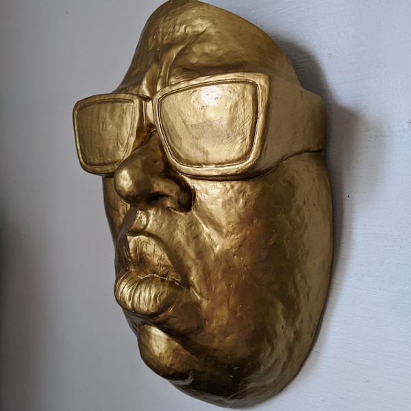 Biggie Smalls Mask Sculpture, Notorious B.I.G, Golden Celebrity Wall Art