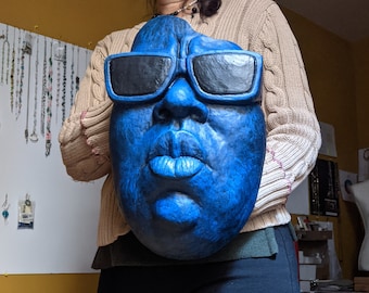 Biggie Smalls Stein Gesicht Skulptur, Blau Hip Hop Wandkunst