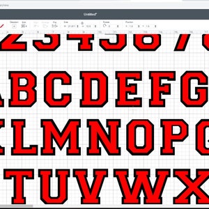 May include: A set of red and black varsity letters, including the alphabet and numbers 0-9. The letters are outlined in black and filled in with red.