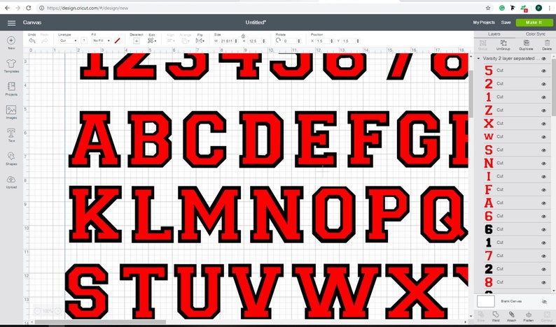 May include: A set of red and black varsity letters, including the alphabet and numbers 0-9. The letters are outlined in black and filled in with red.