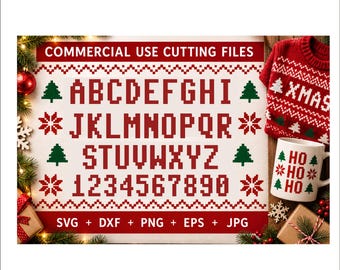 May include: A digital graphic featuring a pixelated alphabet and numbers in dark red, framed by a red and white border with green tree and snowflake icons. The text reads COMMERCIAL USE CUTTING FILES, SVG + DXF + PNG + EPS + JPG.