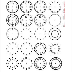 May include: A selection of black and white clock faces in different styles. Some have numbers, others Roman numerals, and some use dots or lines for the hours. The clock faces are circular and have varying levels of detail.