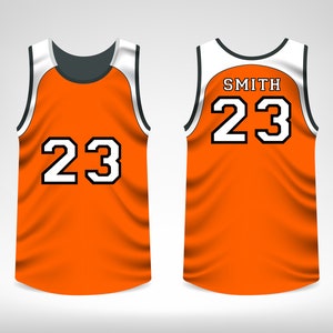 May include: Orange basketball jersey with white and black trim. The jersey has the number "23" on the front and back, with the name "SMITH" above the number on the back.