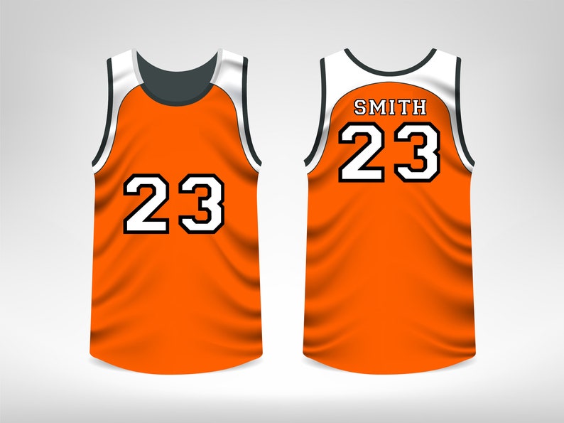 May include: Orange basketball jersey with white and black trim. The jersey has the number "23" on the front and back, with the name "SMITH" above the number on the back.