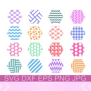 May include: A set of 16 hexagonal patterns with different designs. The patterns are in various colors, including purple, blue, green, orange, pink, red, and white.