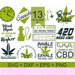Könnte beinhalten: Eine Sammlung von 13 digitalen Designs in Grün und Schwarz mit Cannabis-bezogenen Bildern und Texten. Die Designs beinhalten eine Uhr mit der Zeit 4:20, eine Bong, ein Blatt mit dem Text "Best Buds" und den Text "Good Vibes".
