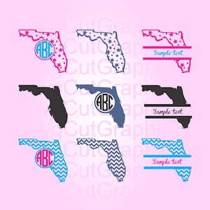 Op de afbeelding: Zes verschillende ontwerpen van de staat Florida, waaronder een effen zwarte omtrek, een blauwe omtrek met een wit sterrenpatroon, een roze omtrek met een wit sterrenpatroon, een blauwe omtrek met een chevronpatroon, een roze omtrek met een chevronpatroon en een zwarte omtrek met een wit sterrenpatroon. Elk ontwerp bevat een cirkel met de letters "ABC" in het midden en een ruimte voor tekst die "Voorbeeldtekst" zegt.
