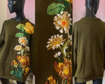 Hand Knit Wool Blend Khaki Olive Green Autumn Flowers Oversize XS or Fitted L Sweater Jumper Pullover Warm Cozy Unique Gift