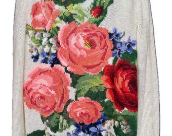 Maglione in lana d'angora lavorato a mano: maglione floreale con intarsi di rose rosse (S-XL)