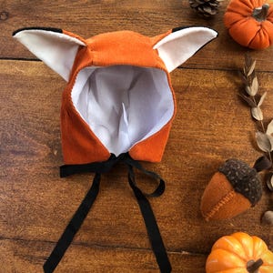 Peut inclure: Un chapeau de renard en peluche orange avec des oreilles blanches et un ruban noir. Le chapeau est sur une surface en bois avec une pomme de pin, des glands et des citrouilles.