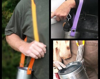 HANDLE-FREE Yeti Holder, Tumbler Carrier, Cup Sling, Coffee Holder, 20 oz, 30 oz, 40 oz, Many Colors, Carabiner Clip incl. w/ 12" length