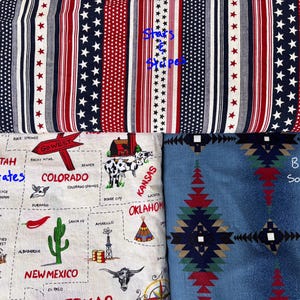 May include: Four fabric swatches with patriotic and Southwestern designs. One features red, white, and blue stars and stripes. Another displays a map of the Western United States. The third has a blue geometric pattern, and the fourth has a map of the Western United States.