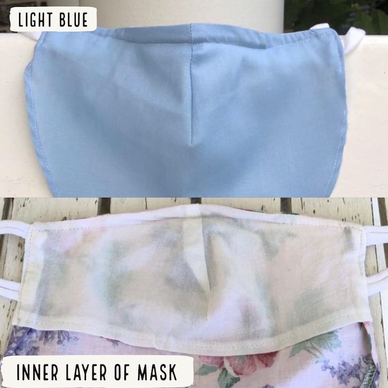May include: Light blue face mask with white elastic ear loops. The inner layer of the mask features a floral pattern. The text "LIGHT BLUE" is at the top, and "INNER LAYER OF MASK" is at the bottom.