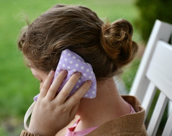 Bolsa de franela suave para calentar y enfriar las orejas, la mandíbula y el rostro con arroz. Funda de algodón. Hecha a mano en EE. UU.
