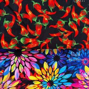 May include: Two fabric designs are shown. The top half has red chillies with green stalks on a black background, with the word "Chili". The bottom half shows vibrant, abstract floral patterns with the words "Bold Blossoms".