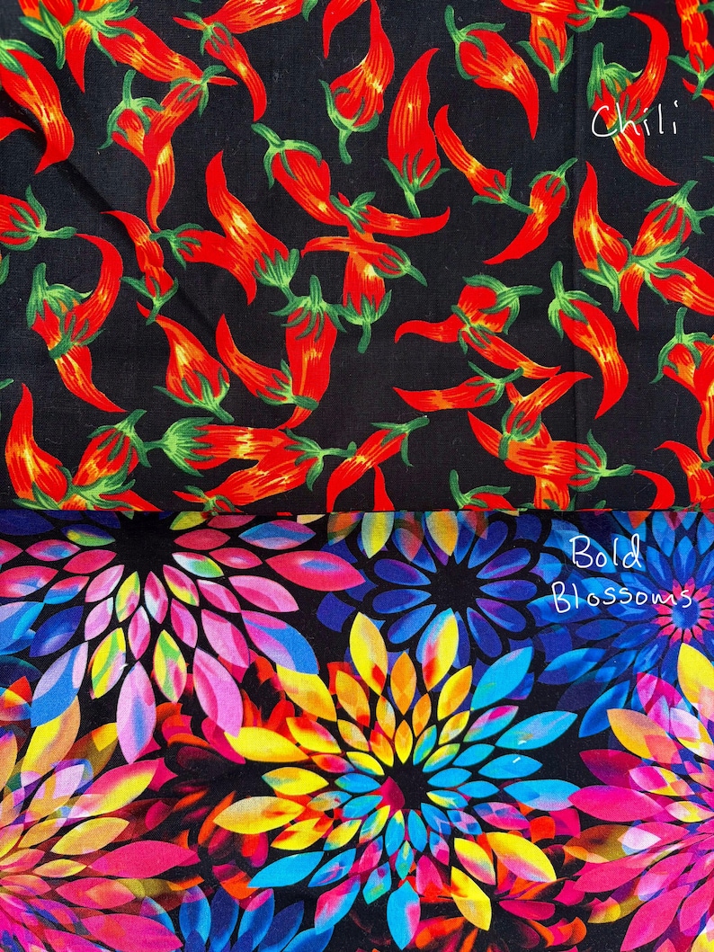 May include: Two fabric designs are shown. The top half has red chillies with green stalks on a black background, with the word "Chili". The bottom half shows vibrant, abstract floral patterns with the words "Bold Blossoms".
