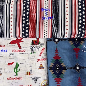 May include: Four fabric swatches with patriotic and Southwestern designs. One features red, white, and blue stars and stripes. Another displays a map of the Western United States. The third has a blue geometric pattern, and the fourth has a map of the Western United States.