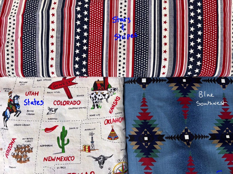 May include: Four fabric swatches with patriotic and Southwestern designs. One features red, white, and blue stars and stripes. Another displays a map of the Western United States. The third has a blue geometric pattern, and the fourth has a map of the Western United States.
